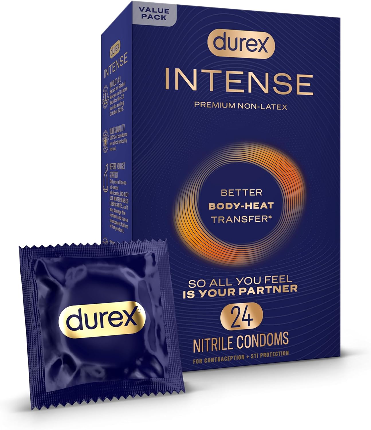  Durex Intense Nitrile Condoms, Ultra Thin Premium Non Latex Condoms Lubricated With Silicone Lube, 24 Ct